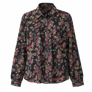 Chaps Dark Floral Button Down Peasant Shirt Long Sleeve Womens XL Career Casual